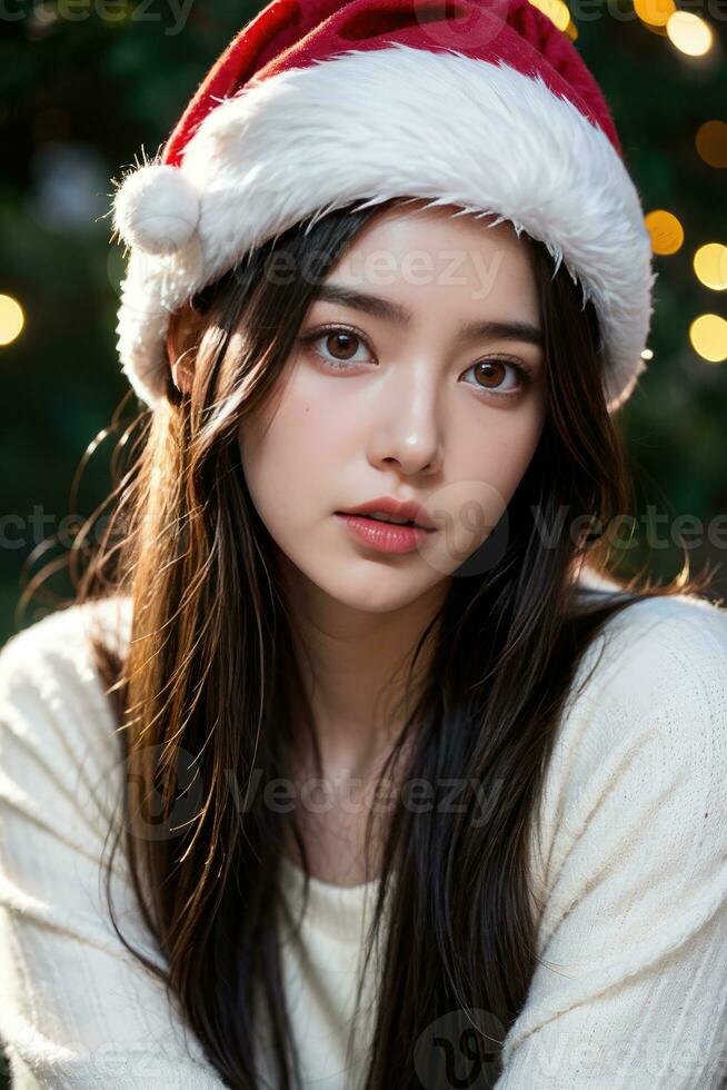 AI generated AI Generative Beautiful girl in Santa Claus clothes over christmas background photo