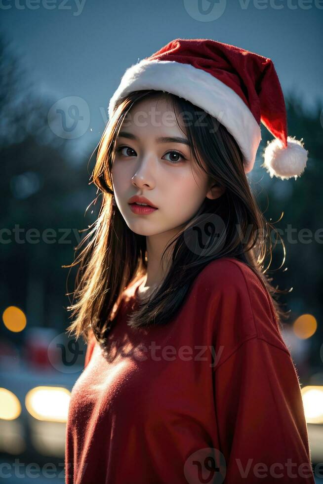 AI generated AI Generative Beautiful girl in Santa Claus clothes over christmas background photo