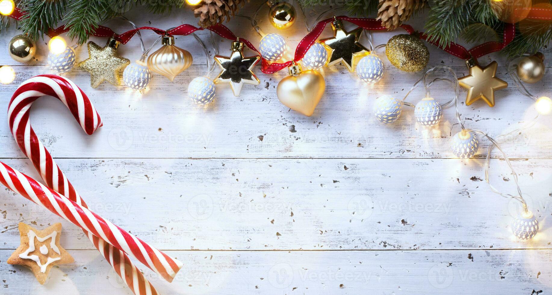 Christmas holidays composition on wooden background, Christmas tree decoration and copy space for your text photo