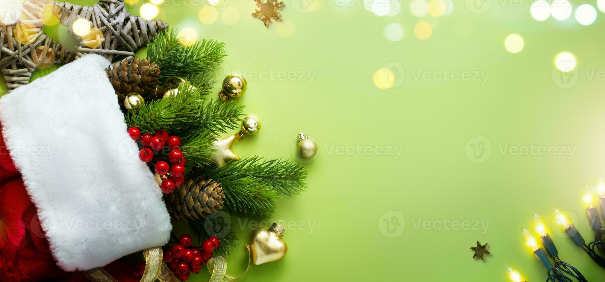 Christmas gifts and Christmas tree decoration. Christmas banner or greeting card design with copy space photo