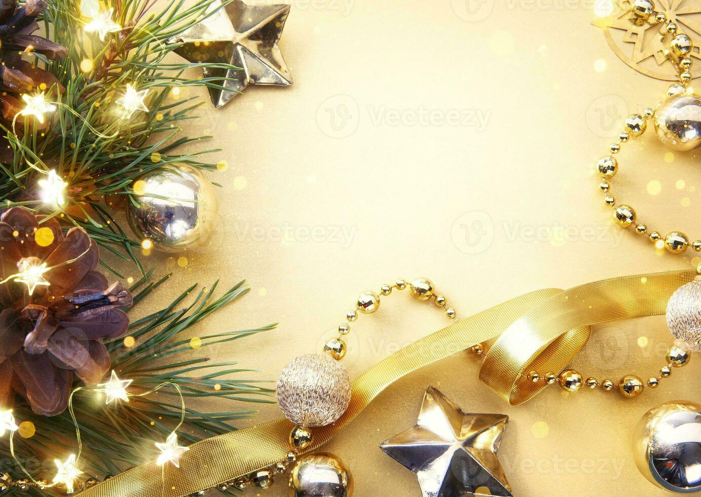 Christmas banner or greeting cards design. Background Xmas  of sparkling lights garland, with holidays gifts and Christmas tree branch photo