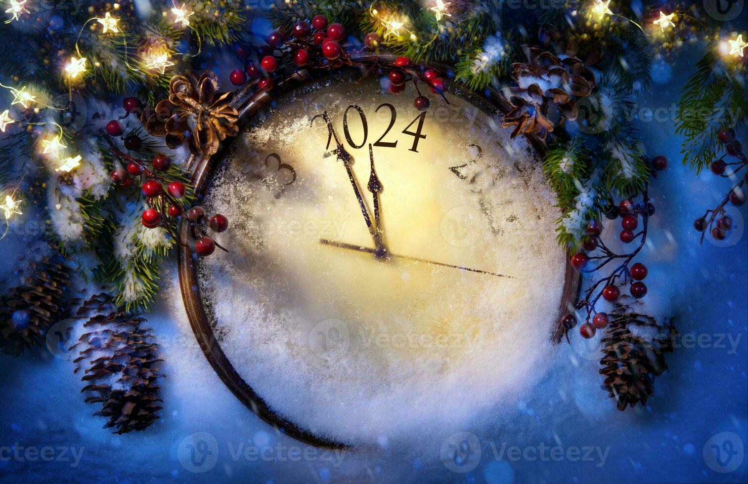 2024 Happy New Year. Christmas greeting card design background. Xmas holidays eve. Party poster, banner or invitation background with snow clocks and Christmas tree photo