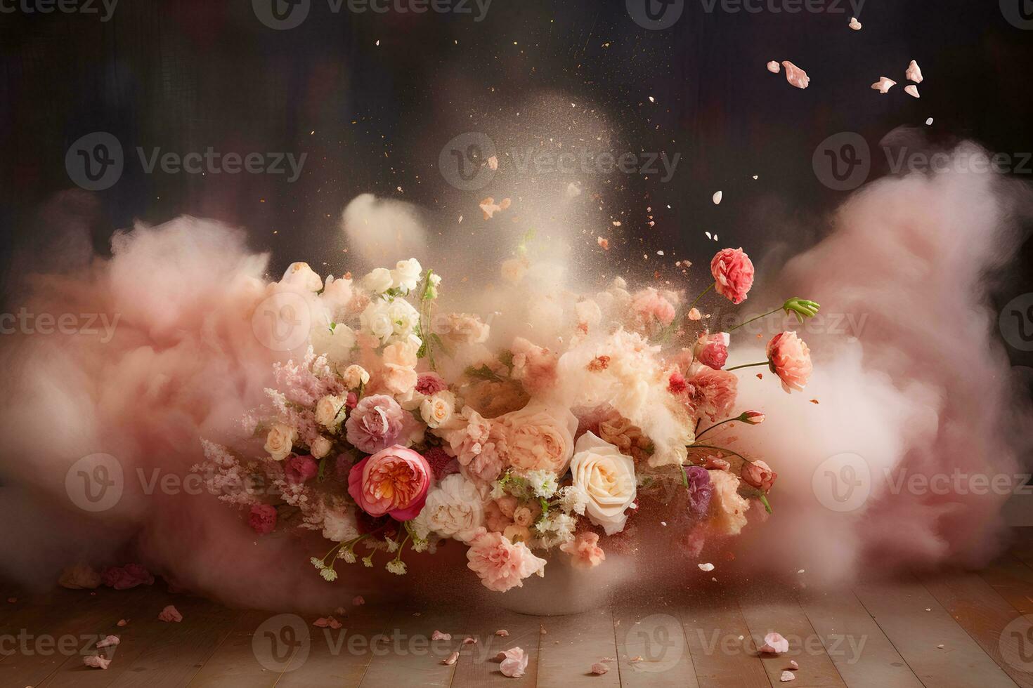 AI generated Beautiful flowers, roses and chrysanthemums of red and pink shades in pastel powder on a dark background. AI generated illustration. photo