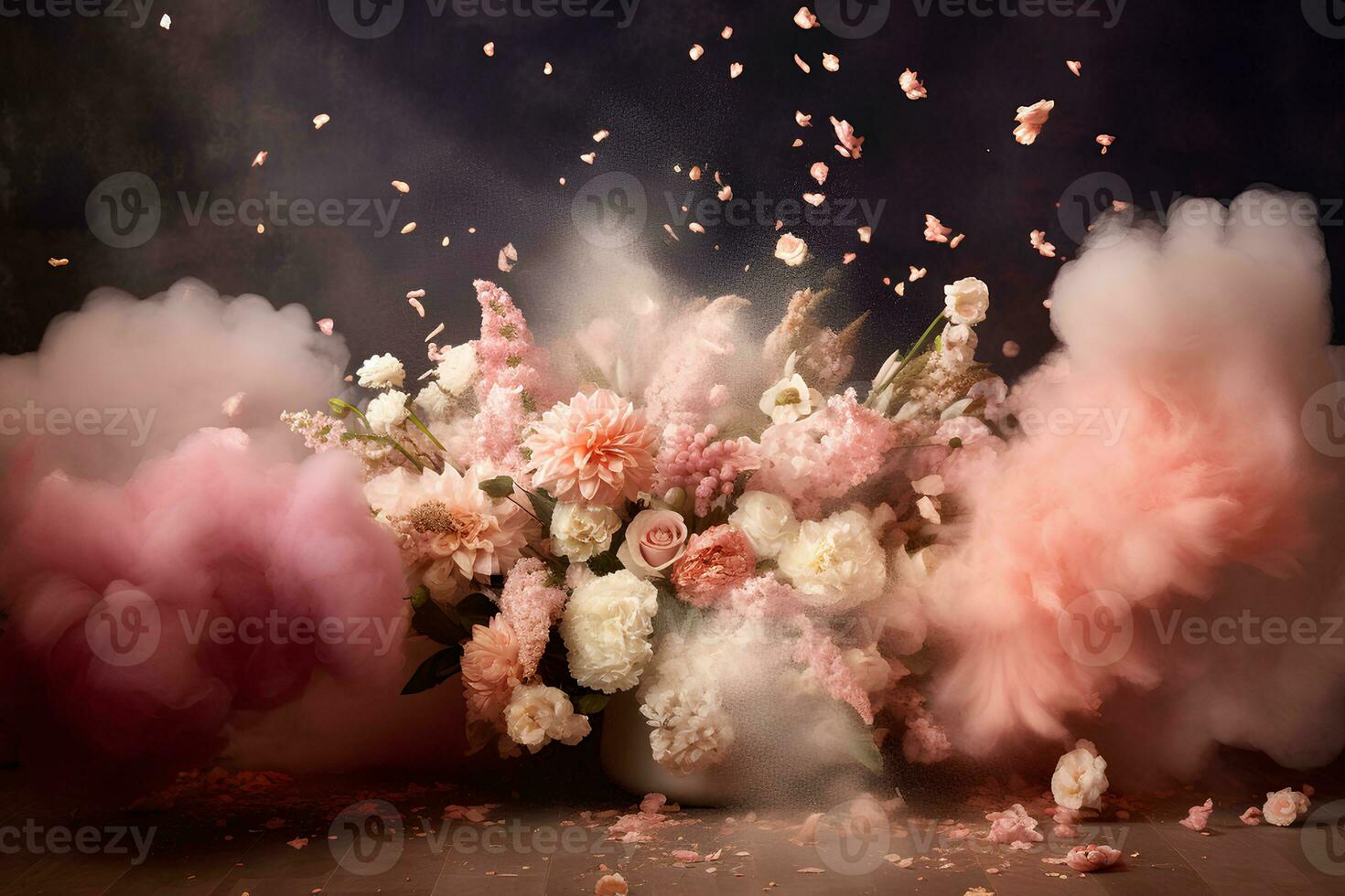 AI generated Beautiful flowers, roses and chrysanthemums of red and pink shades in pastel powder on a dark background. AI generated illustration. photo