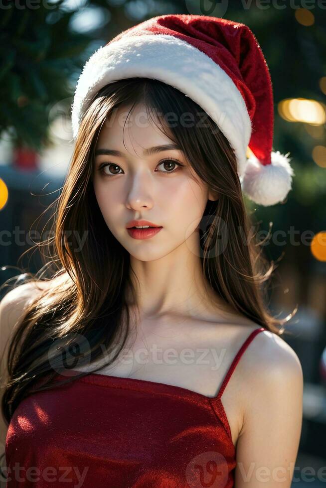 AI generated AI Generative Beautiful girl in Santa Claus clothes over christmas background photo