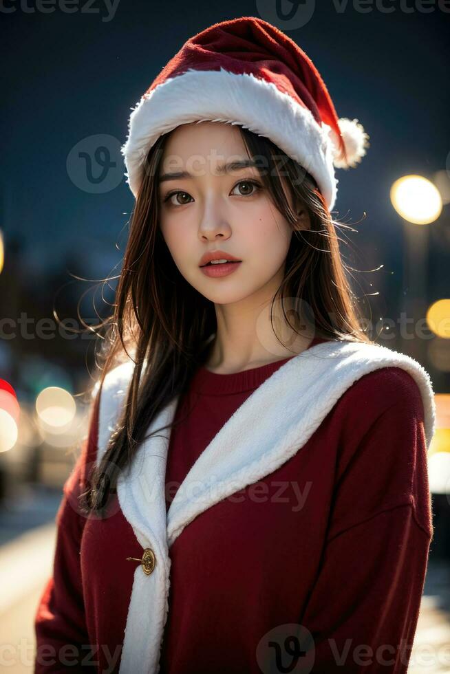 AI generated AI Generative Beautiful girl in Santa Claus clothes over christmas background photo