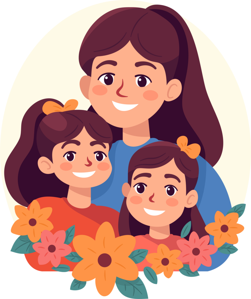 Mother with children, Mom with daughter, Happy Family Moments, Flat Style Cartoon Illustration. Mother's Day Concept. png