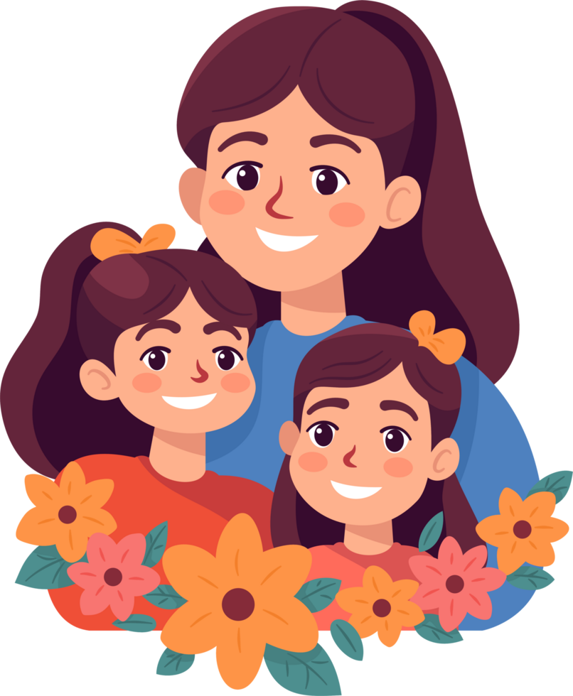 Mutter mit Kinder, Mama mit Tochter, glücklich Familie Momente, eben Stil Karikatur Illustration. Mutter Tag Konzept. png
