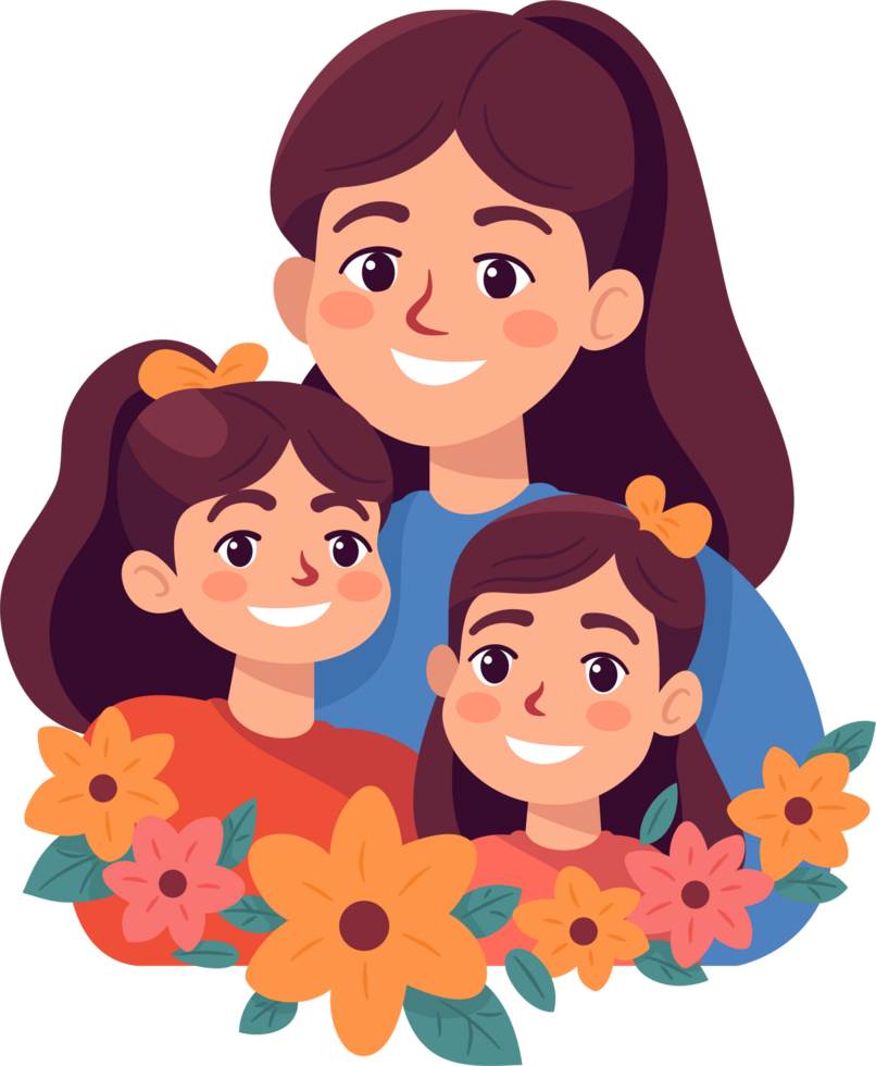 madre con niños, mamá con hija, contento familia momentos, plano estilo dibujos animados ilustración. de la madre día concepto. png