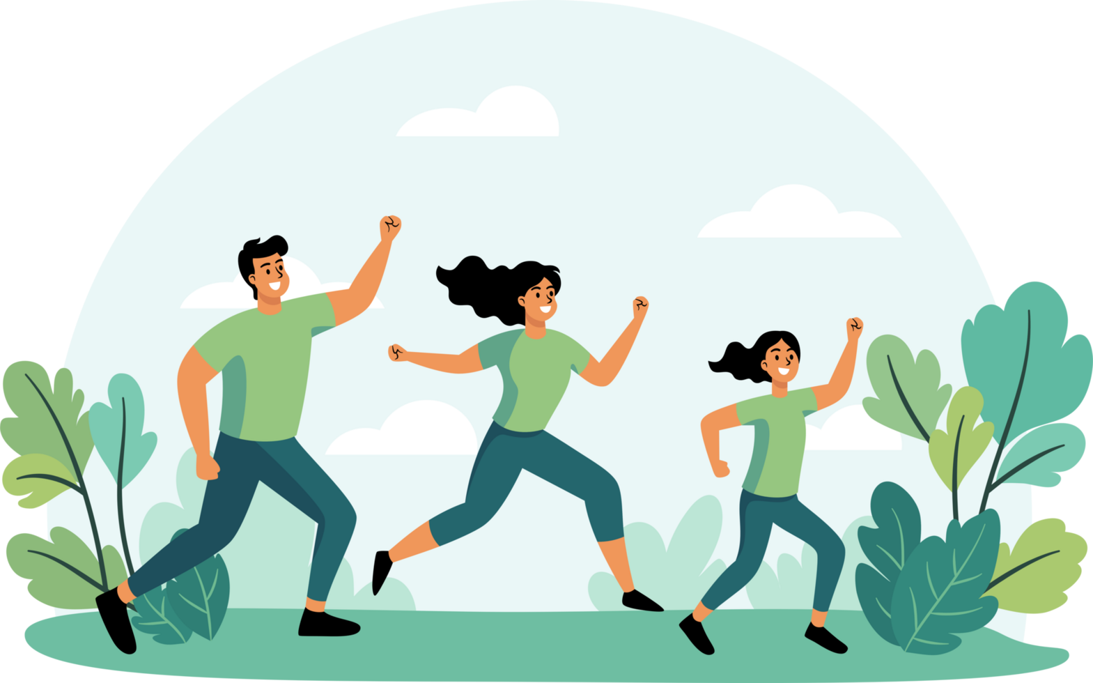 The cheerful Healthy people run for exercise happily with big smiles in the park. Flat Style Cartoon Illustration. png