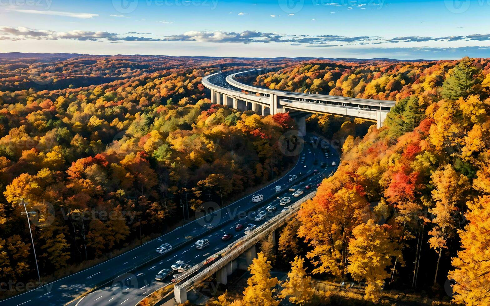 AI generated Autumnal Highway Views Aerial Serenity over Woods and Overpasses ai geneated photo