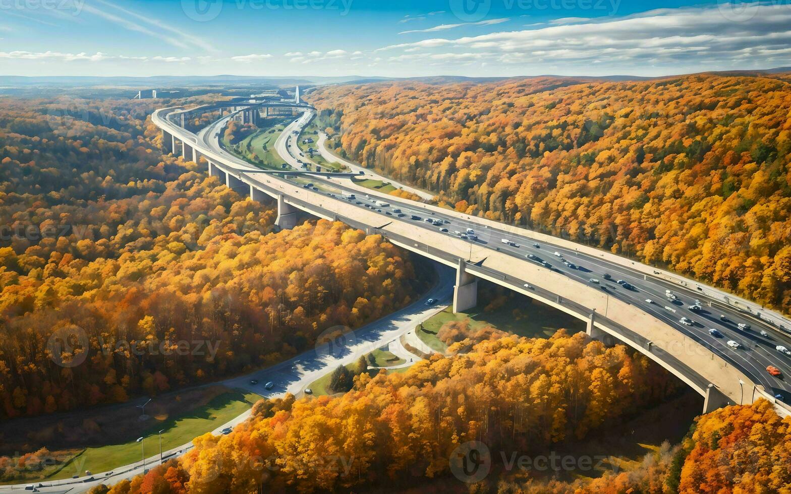 AI generated Autumnal Highway Views Aerial Serenity over Woods and Overpasses ai geneated photo