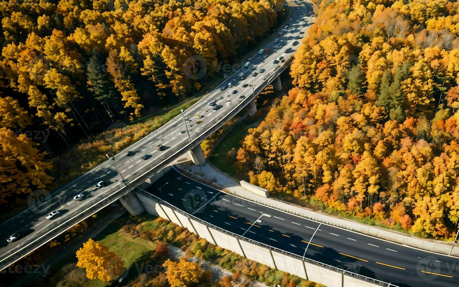AI generated Autumnal Highway Views Aerial Serenity over Woods and Overpasses ai geneated photo