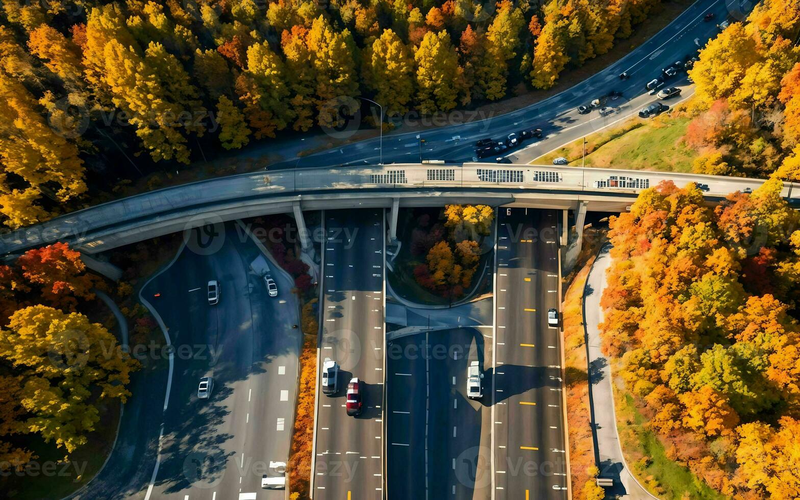 AI generated Autumnal Highway Views Aerial Serenity over Woods and Overpasses ai geneated photo