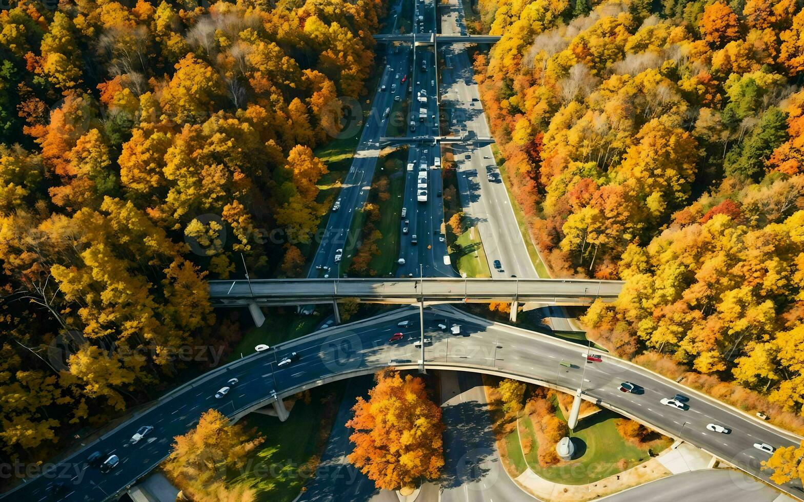AI generated Autumnal Highway Views Aerial Serenity over Woods and Overpasses ai geneated photo