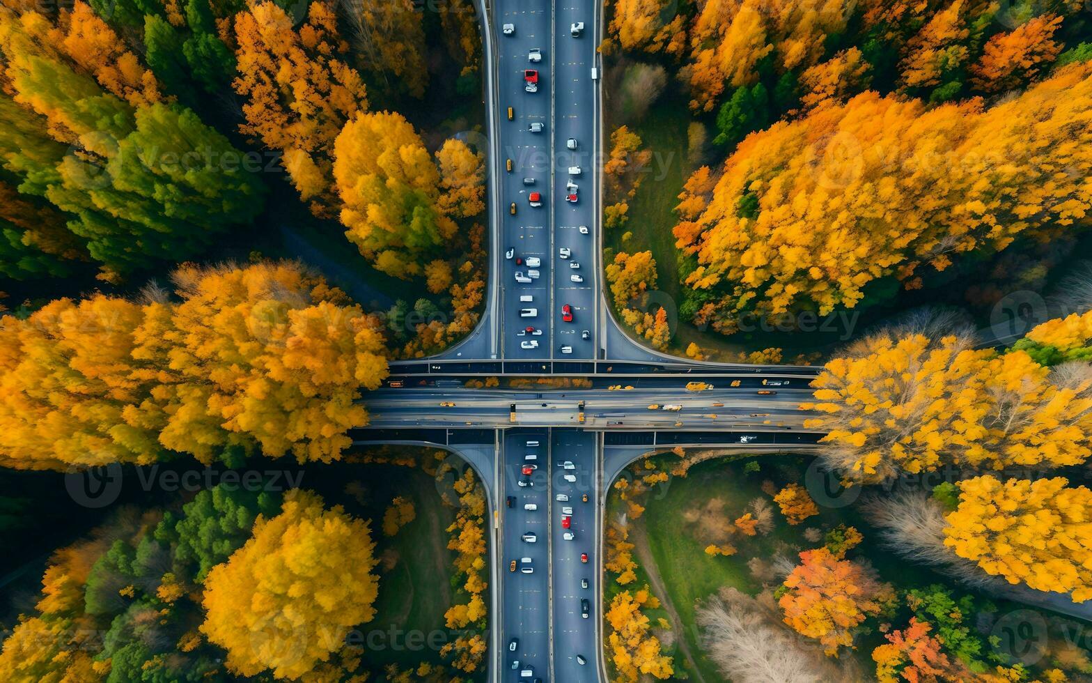 ai generado otoñal autopista puntos de vista aéreo serenidad terminado bosque y pasos elevados ai generado foto