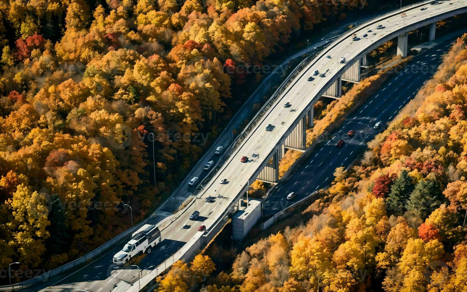 AI generated Autumnal Highway Views Aerial Serenity over Woods and Overpasses ai geneated photo