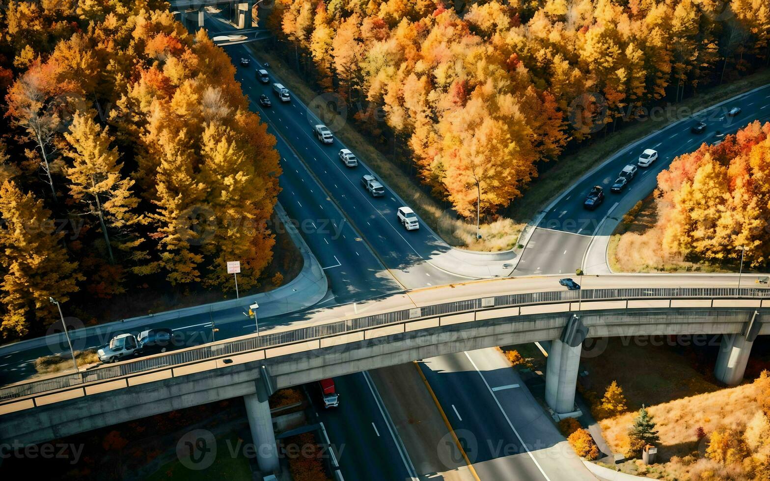 AI generated Autumnal Highway Views Aerial Serenity over Woods and Overpasses ai geneated photo