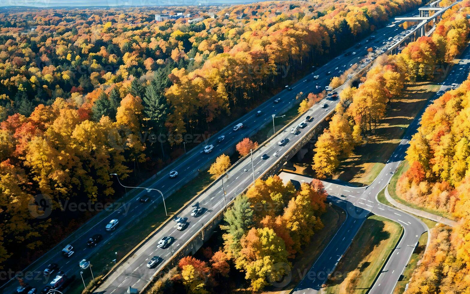 AI generated Autumnal Highway Views Aerial Serenity over Woods and Overpasses ai geneated photo