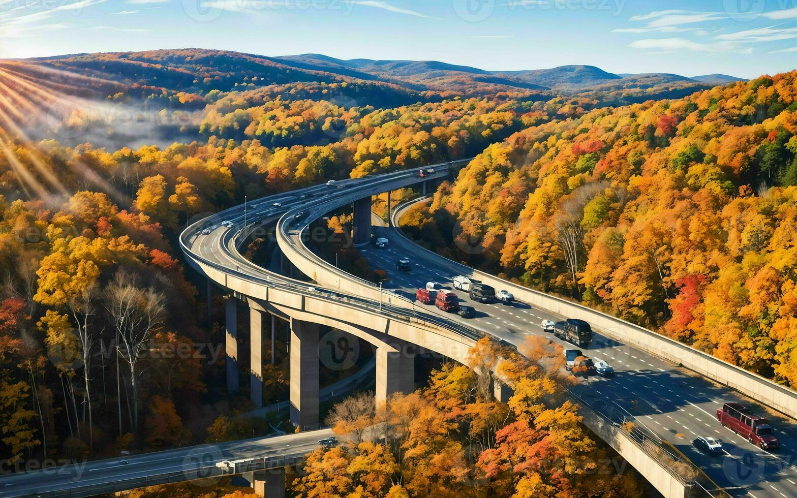 AI generated Autumnal Highway Views Aerial Serenity over Woods and Overpasses ai geneated photo