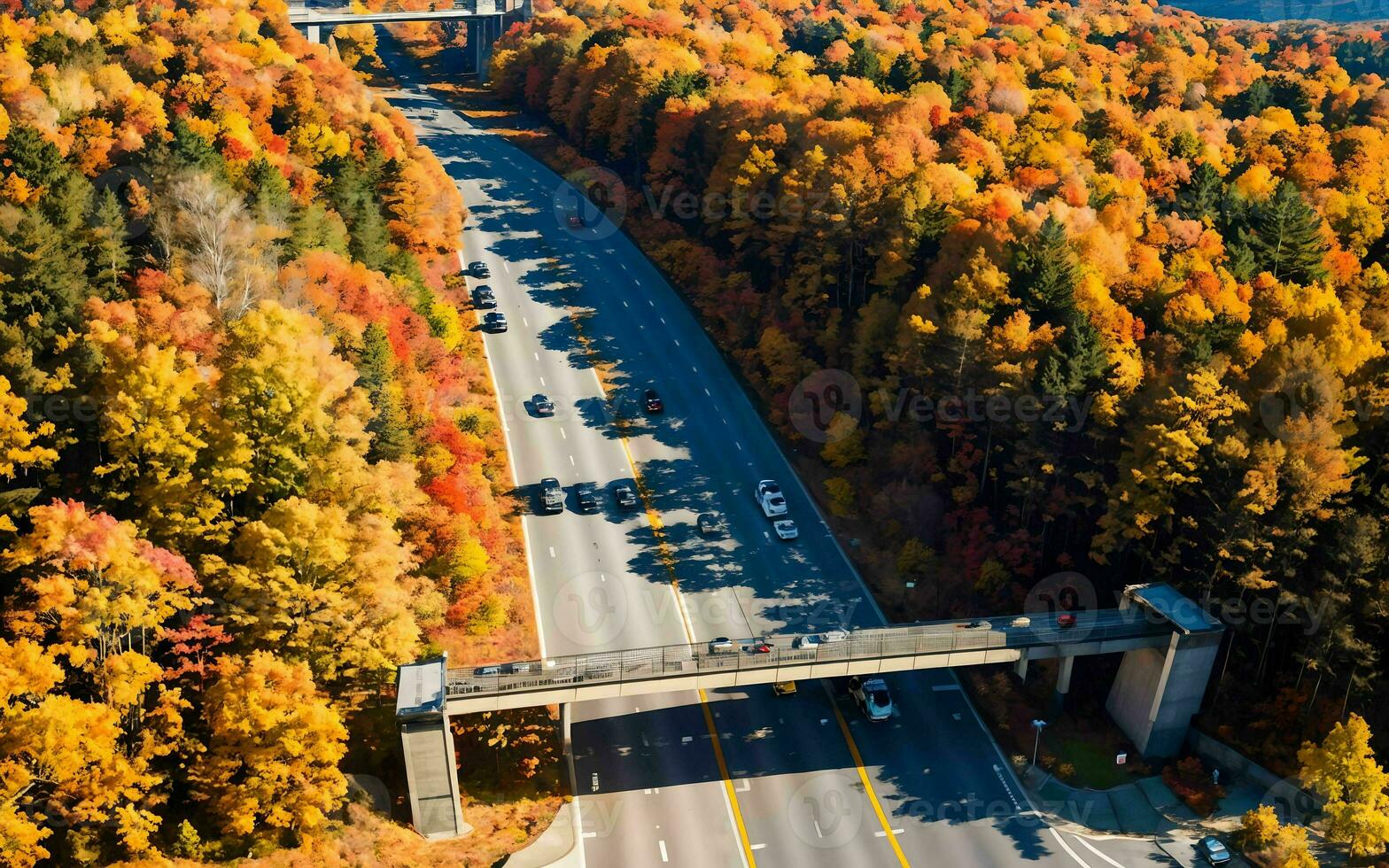 AI generated Autumnal Highway Views Aerial Serenity over Woods and Overpasses ai geneated photo