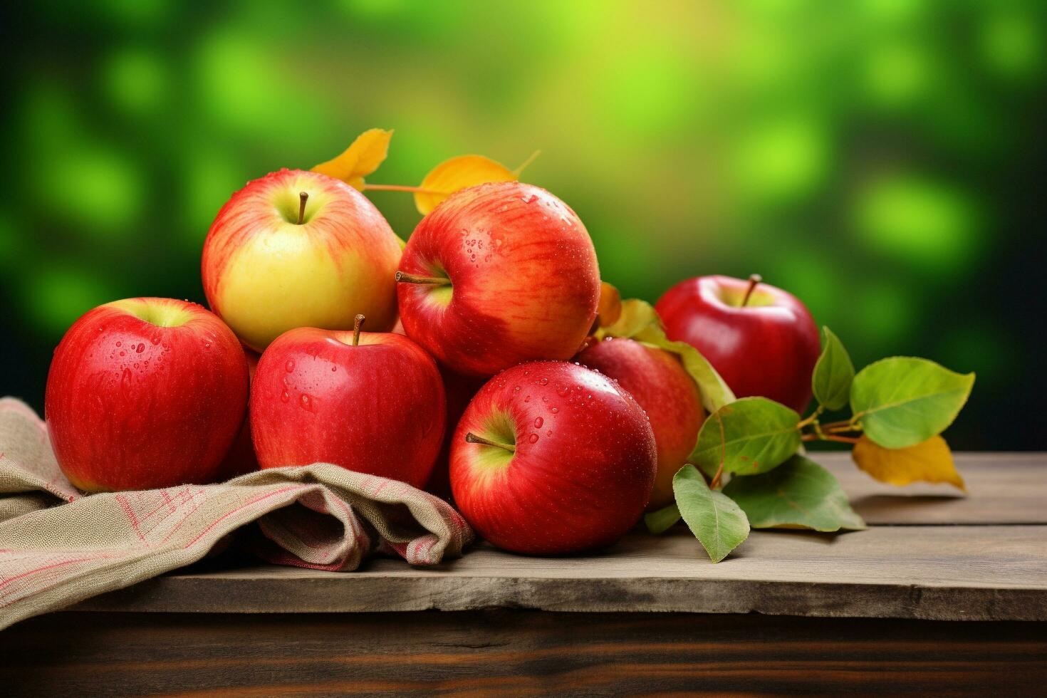 ai generado otoños generosidad Fresco manzanas en de madera mesa y árbol ramas foto