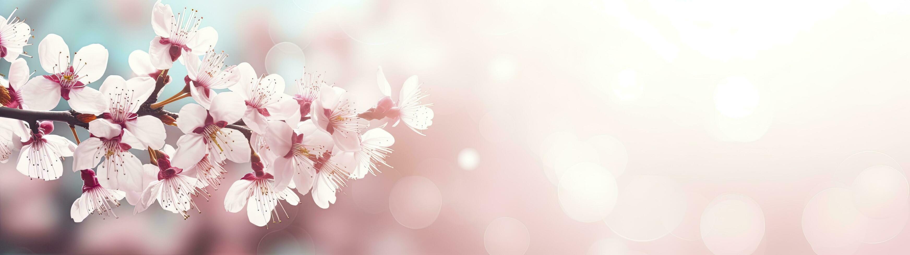 AI generated Springtime Blossoming Apricot Tree Branches - Web Banner with Copy Space photo