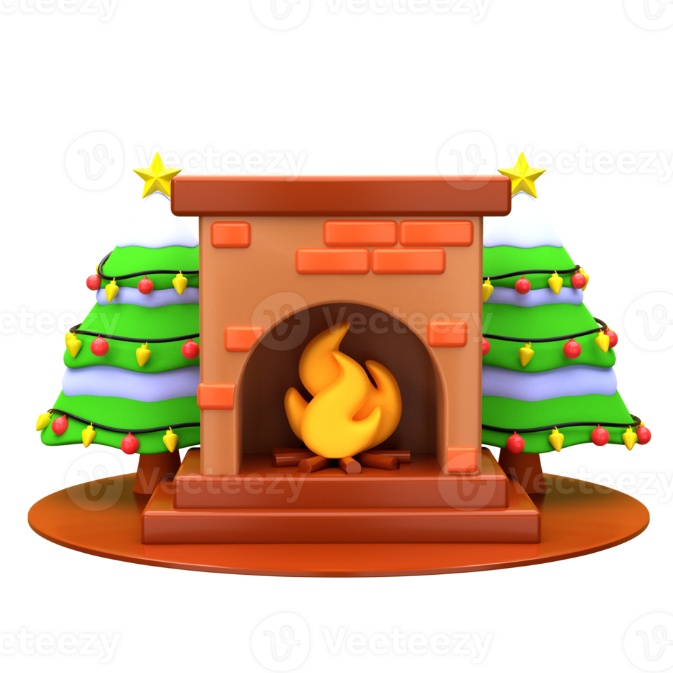 3d illustration fireplace and christmas pine tree object. 3D creative Christmas design icon. 3D Rendering. png