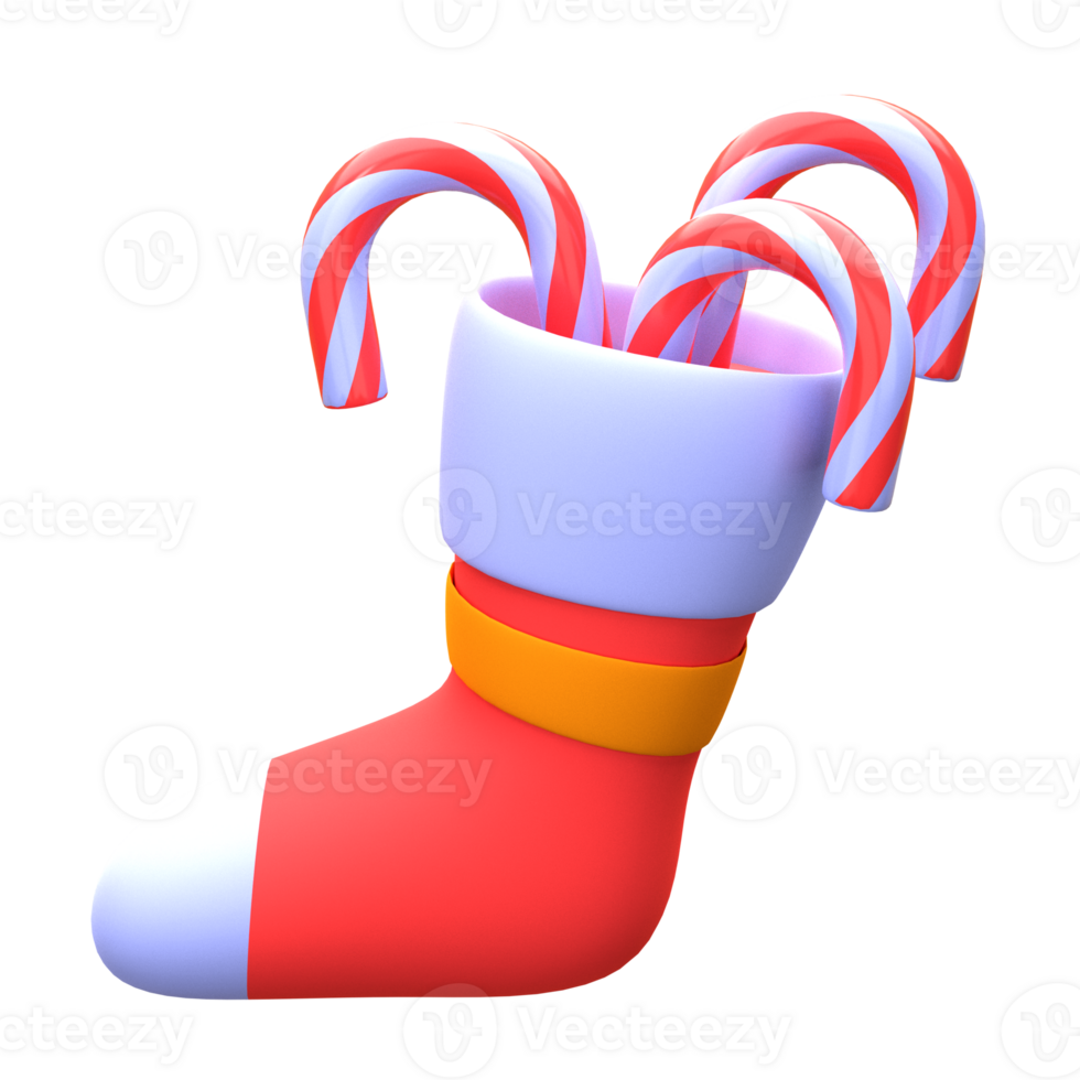 3d illustration christmas sock with candy cane object. 3D creative Christmas design icon. 3D Rendering. png