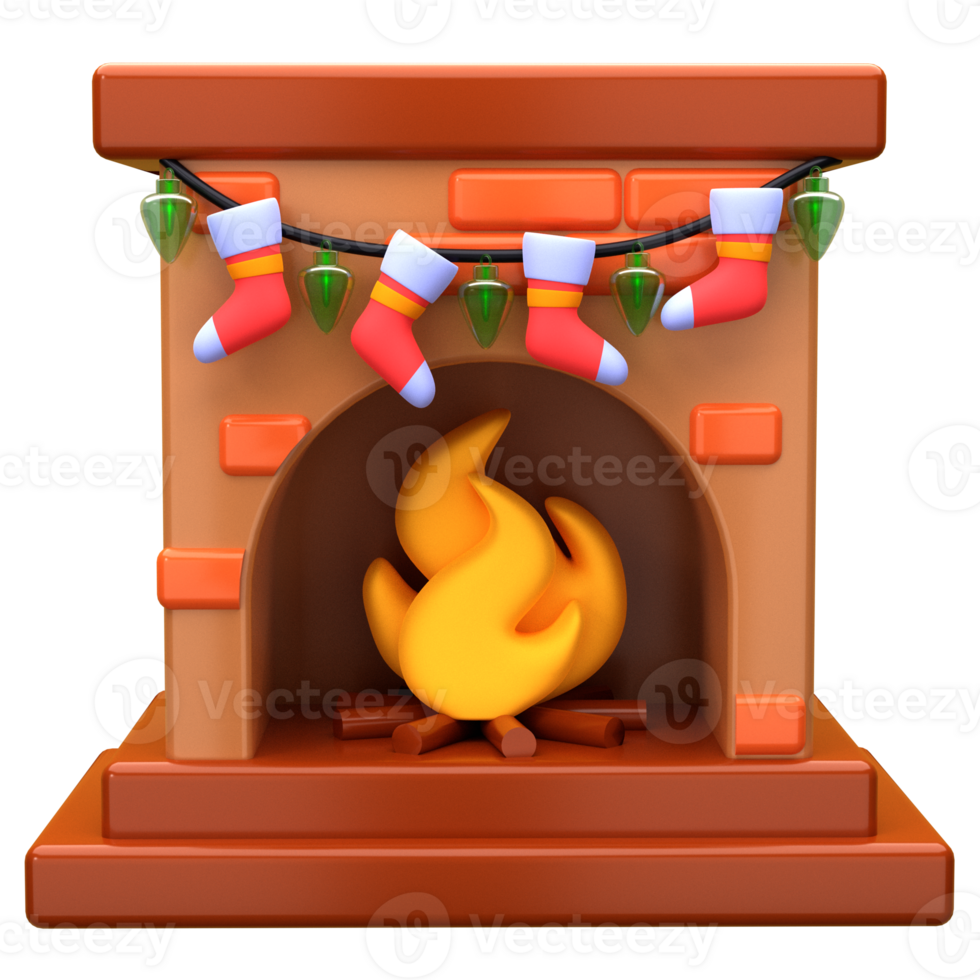 3d illustration fireplace with socks decoration object. 3D creative Christmas design icon. 3D Rendering. png