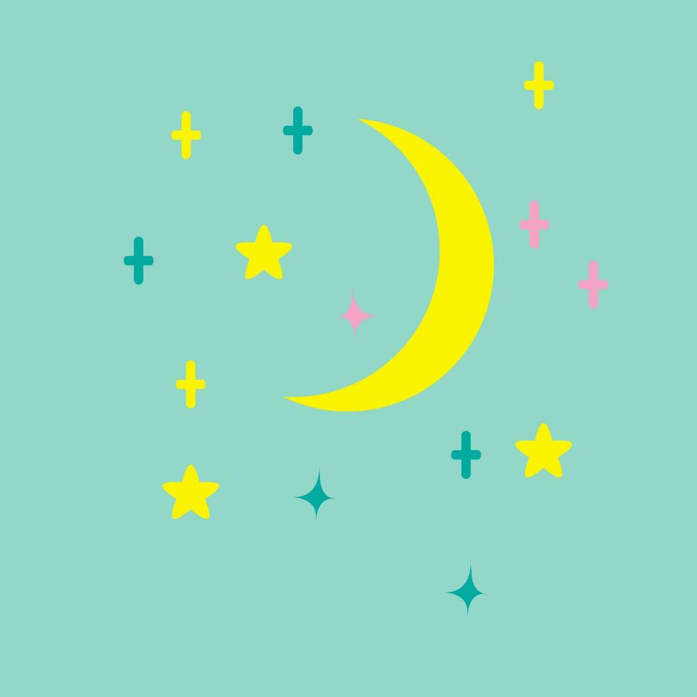 Vector stars and crescent moon. Childish illustration.