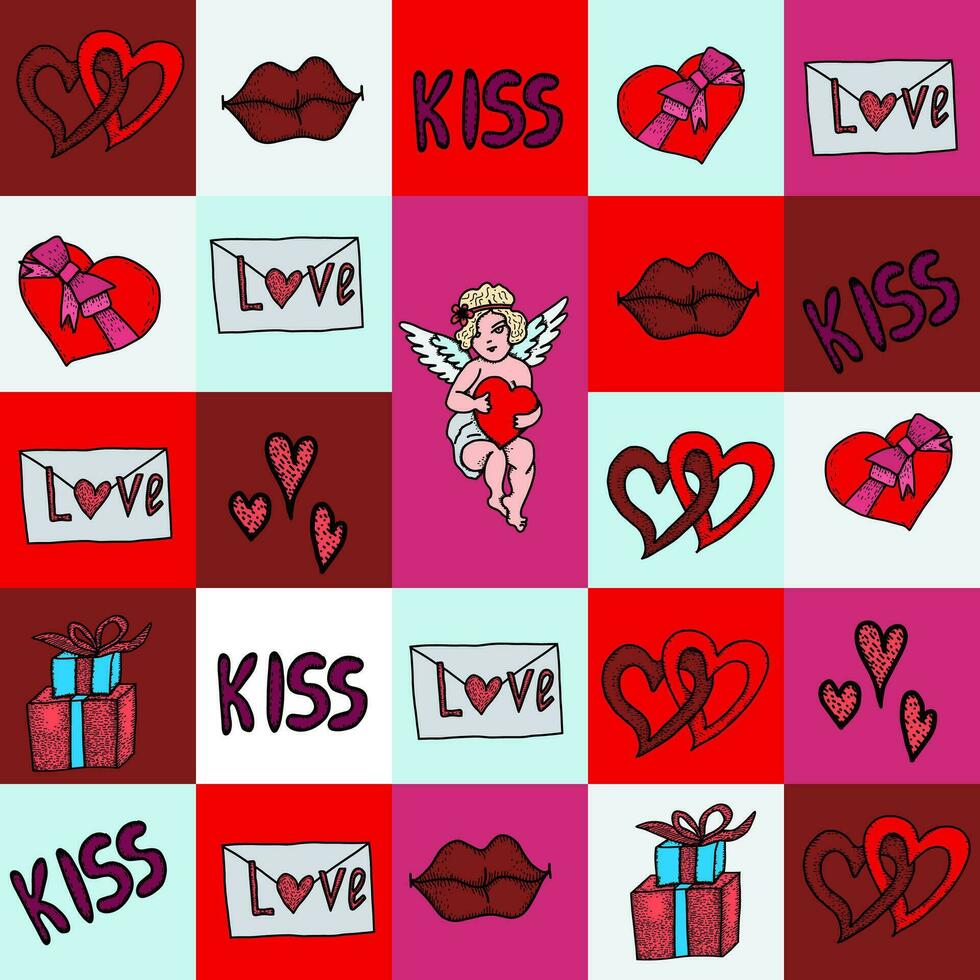 Valentines Day seamless background. Squares and hearts, lips, gifts. Romantic vector pattern.