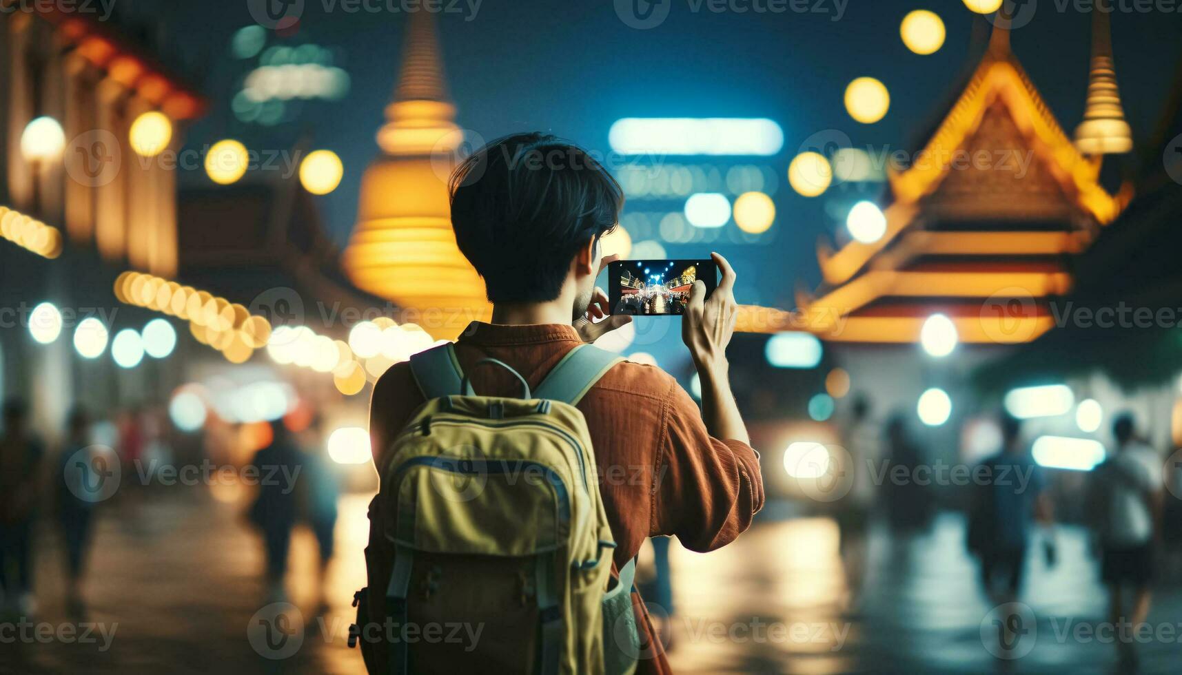 AI generated Travel Blogger Capturing Nightlife in Japan photo