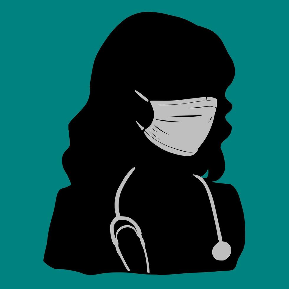 A silhouette of a women doctor wearing a face mask isolated on green background vector