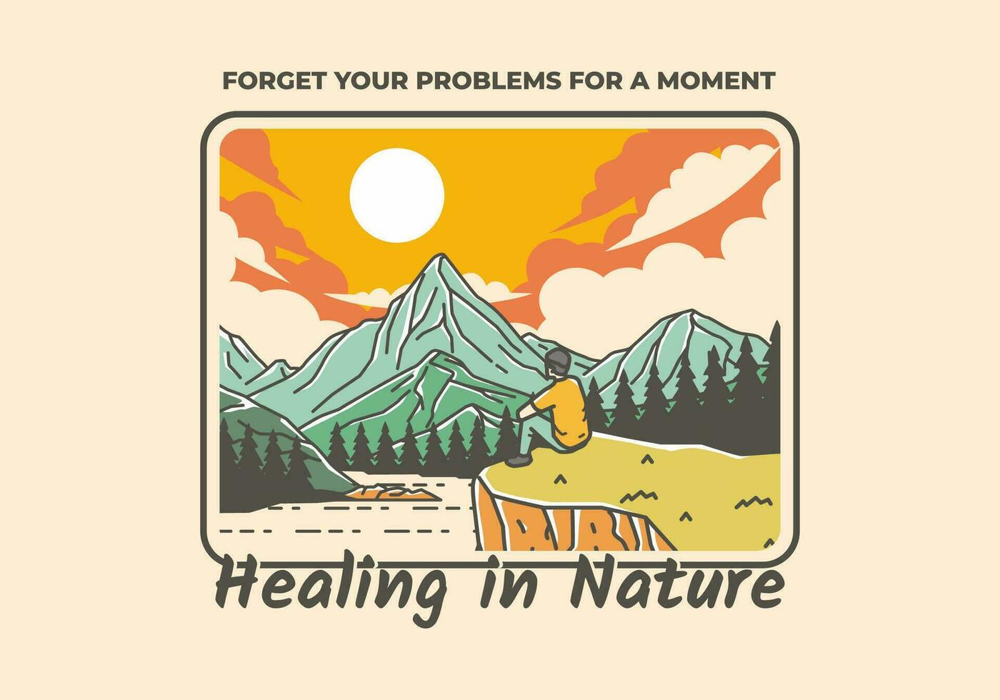 Outdoor illustration of a man sits on a cliff with views of lakes, forests and mountains vector