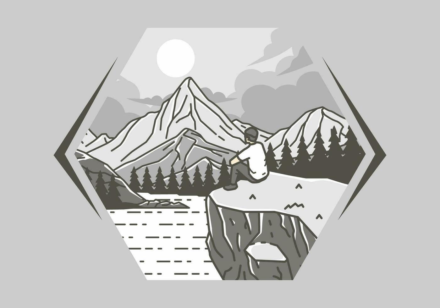 Outdoor illustration of a man sits on a cliff with views of lakes, forests and mountains vector