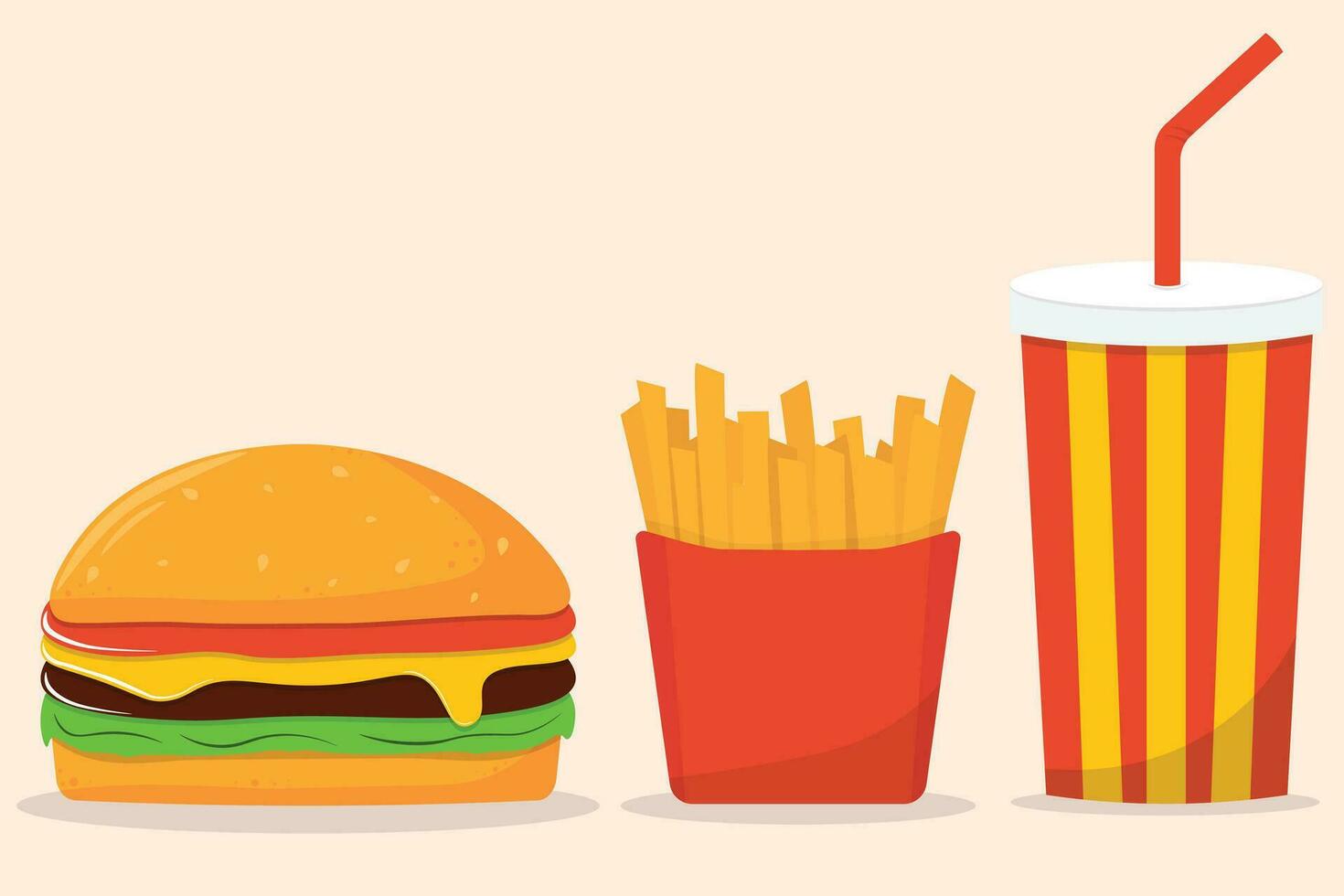 French fries potato in a paper wrapper box. Burger. Soda drink glass with straw. Fried potatoes. Icon set. Movie Cinema icon set. Fast food menu. Flat design vector