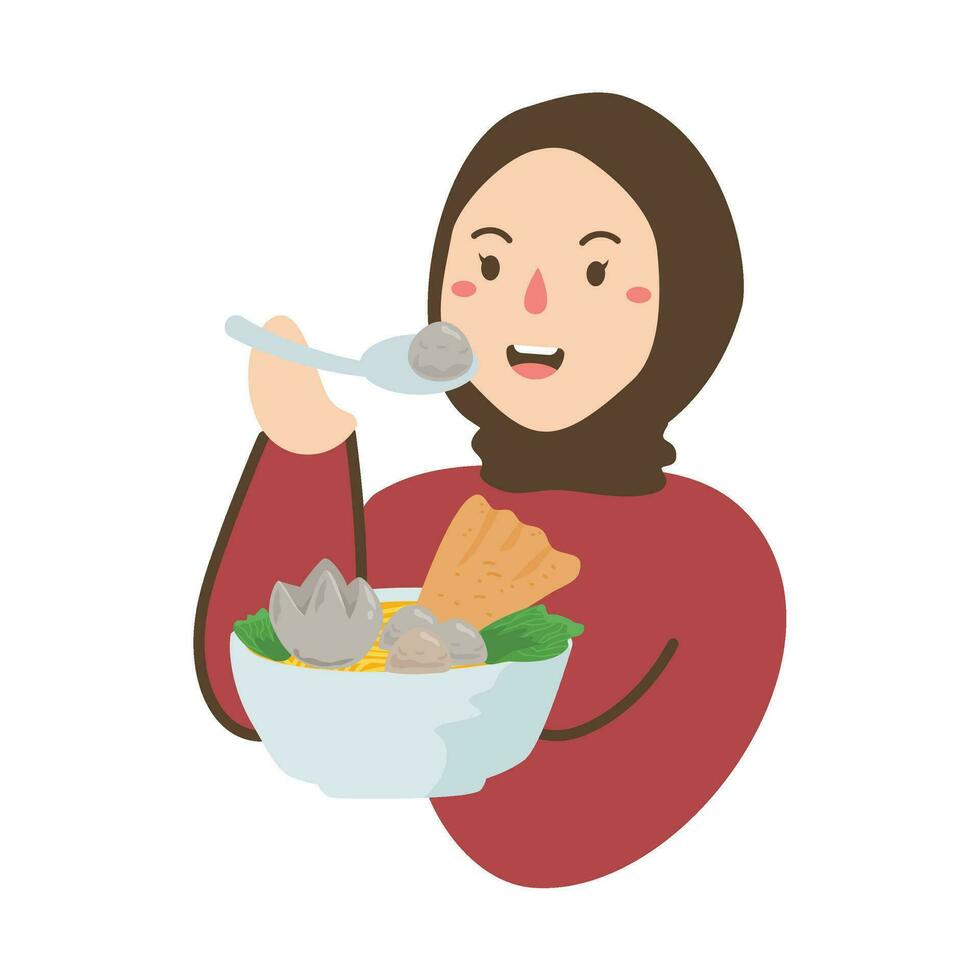 happy woman holding ramen noodle vector