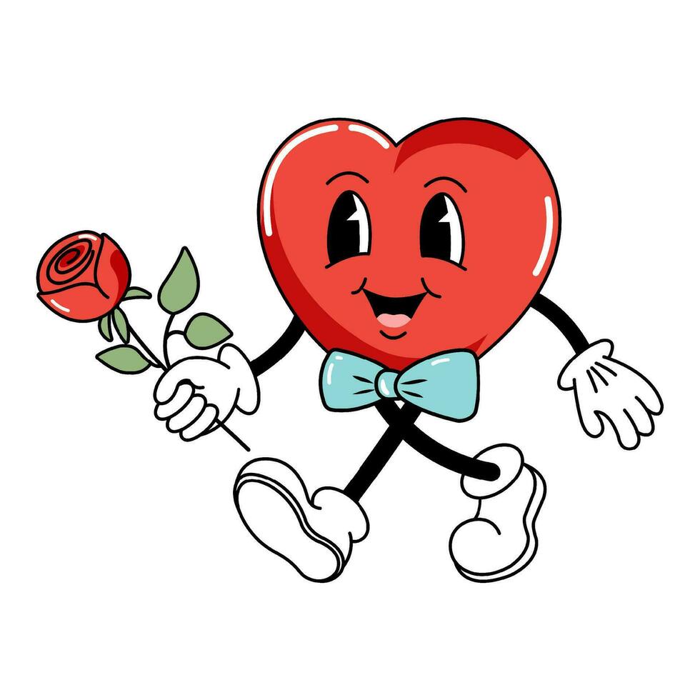 Cartoon Hearts in the 60s, 70s. A boy with a rose vector