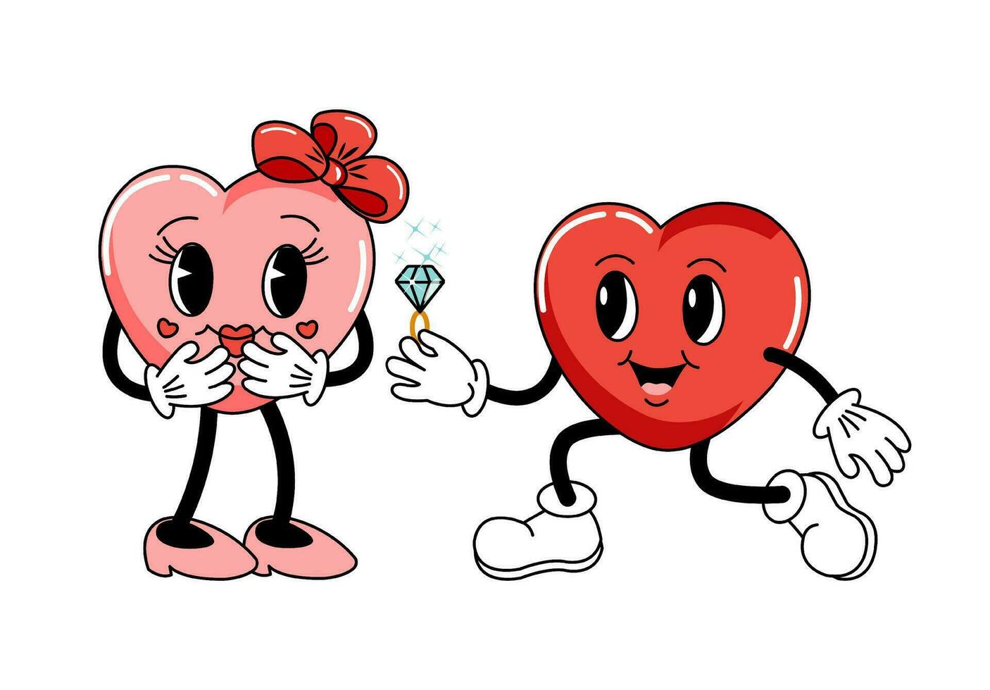 Cartoon hearts in the 60s, 70s. An offer of marriage. vector