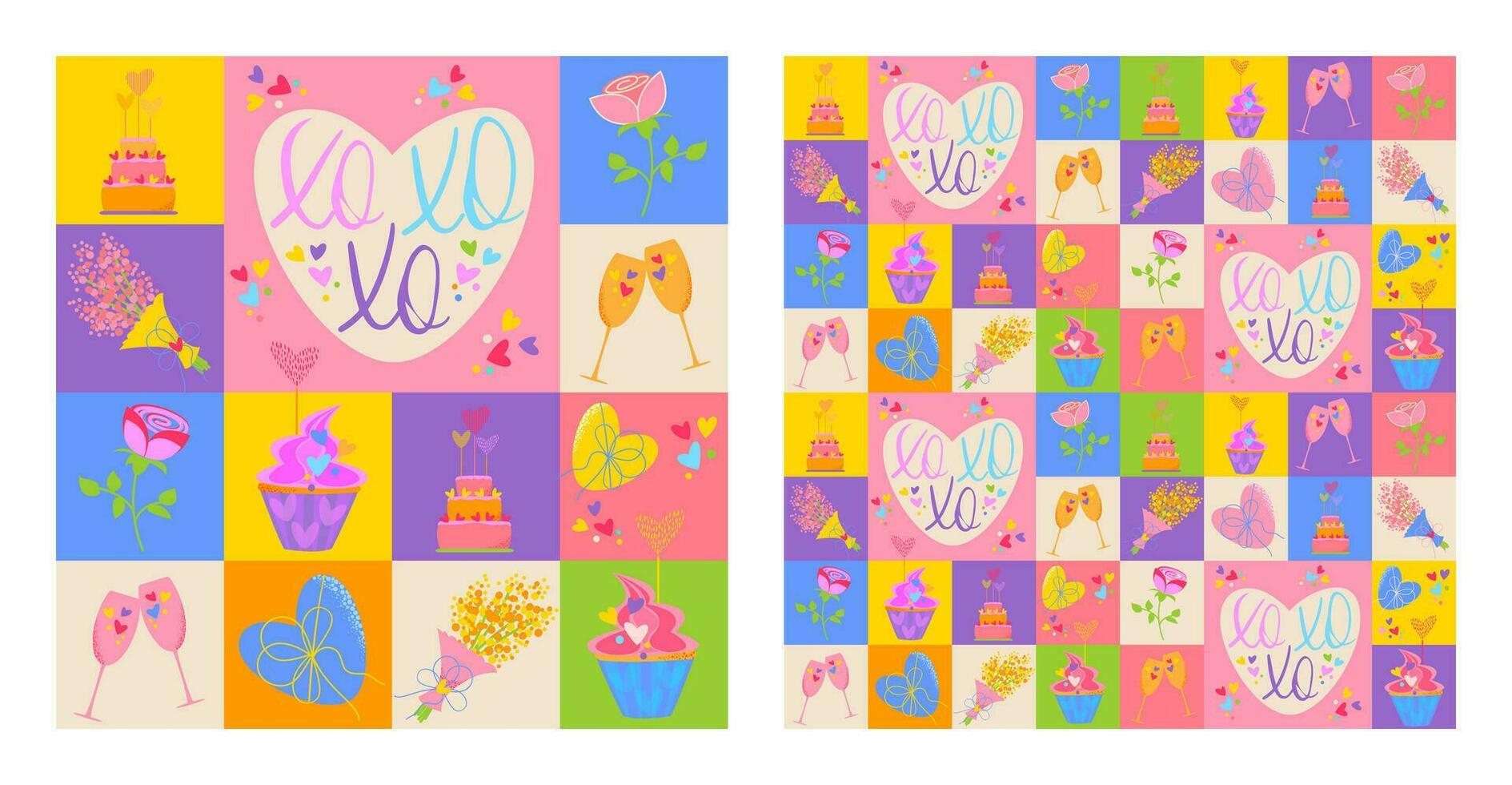 san valentin día sin costura modelo con símbolos de amar, corazón, flores, pasteles, regalos. vector