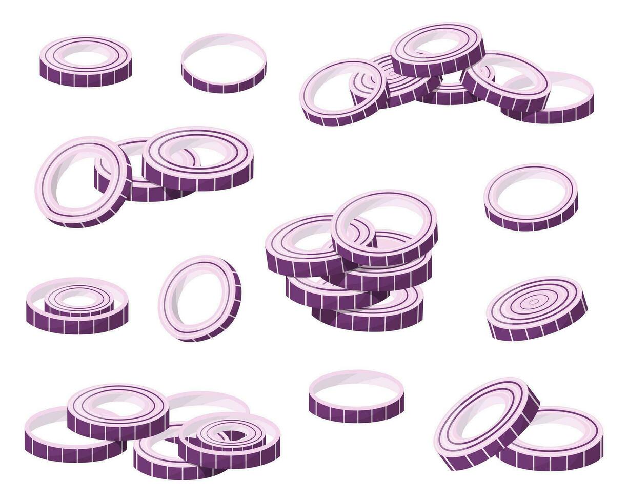 A set of red onions. Onion rings. Isolated vector illustration
