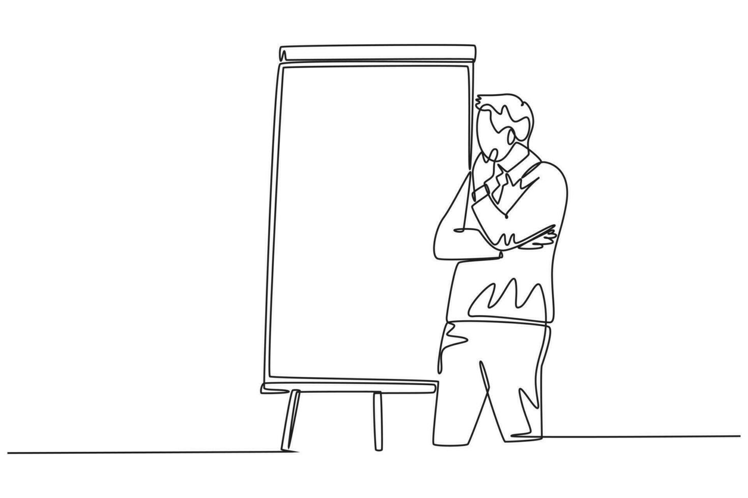 Single continuous line drawing of young business coach teaching strategy to increase company growth on flip chart in front of class. Business coaching. One line draw graphic design vector illustration