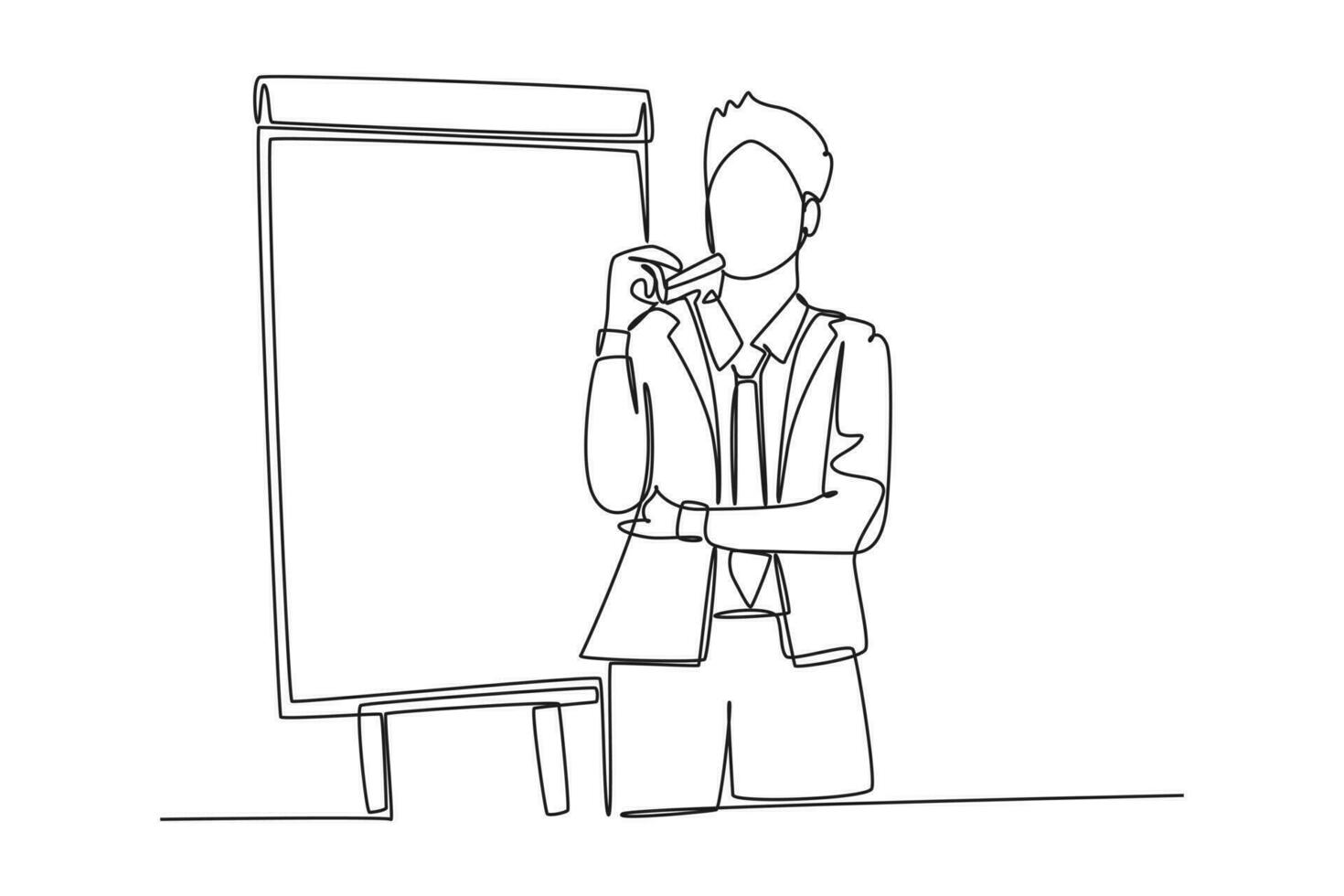 Single one line drawing businessman presenter drawing graph chart on screen board while on meeting. Business presentation at the office concept. Continuous line draw design graphic vector illustration
