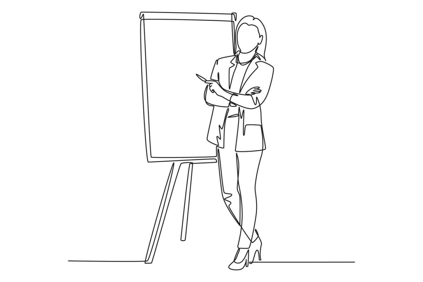Single continuous line drawing of young female presenter thinking while doing presentation at office during meeting. Work presentation concept. Dynamic one line draw graphic design vector illustration