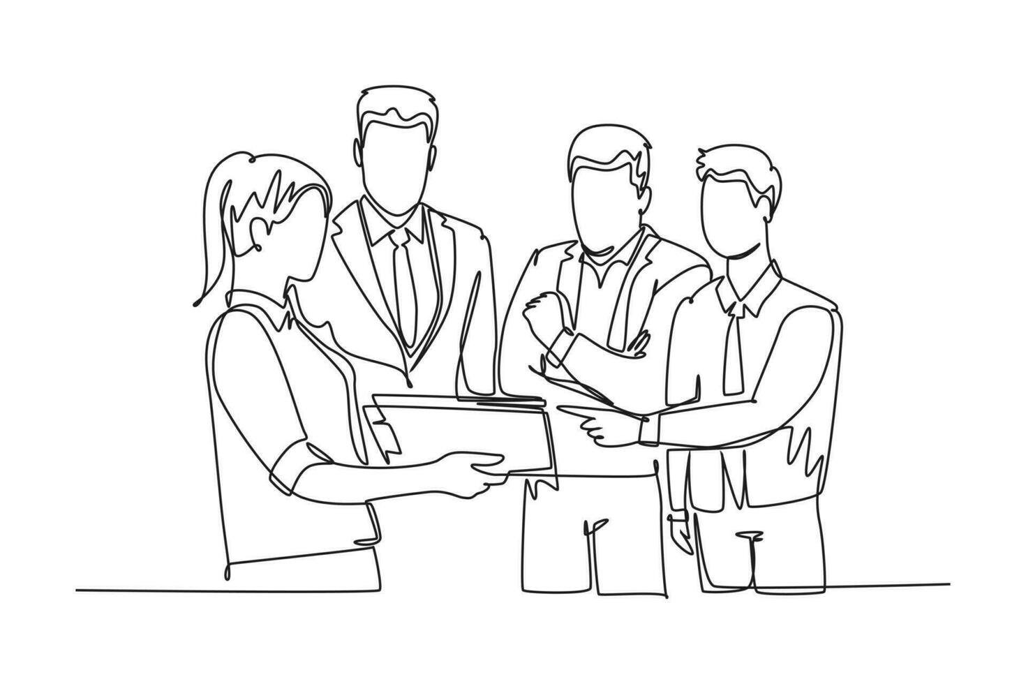 Single continuous line drawing young happy male and female workers standing and discussing project at meeting room. Work discussion at office concept. One line draw graphic design vector illustration