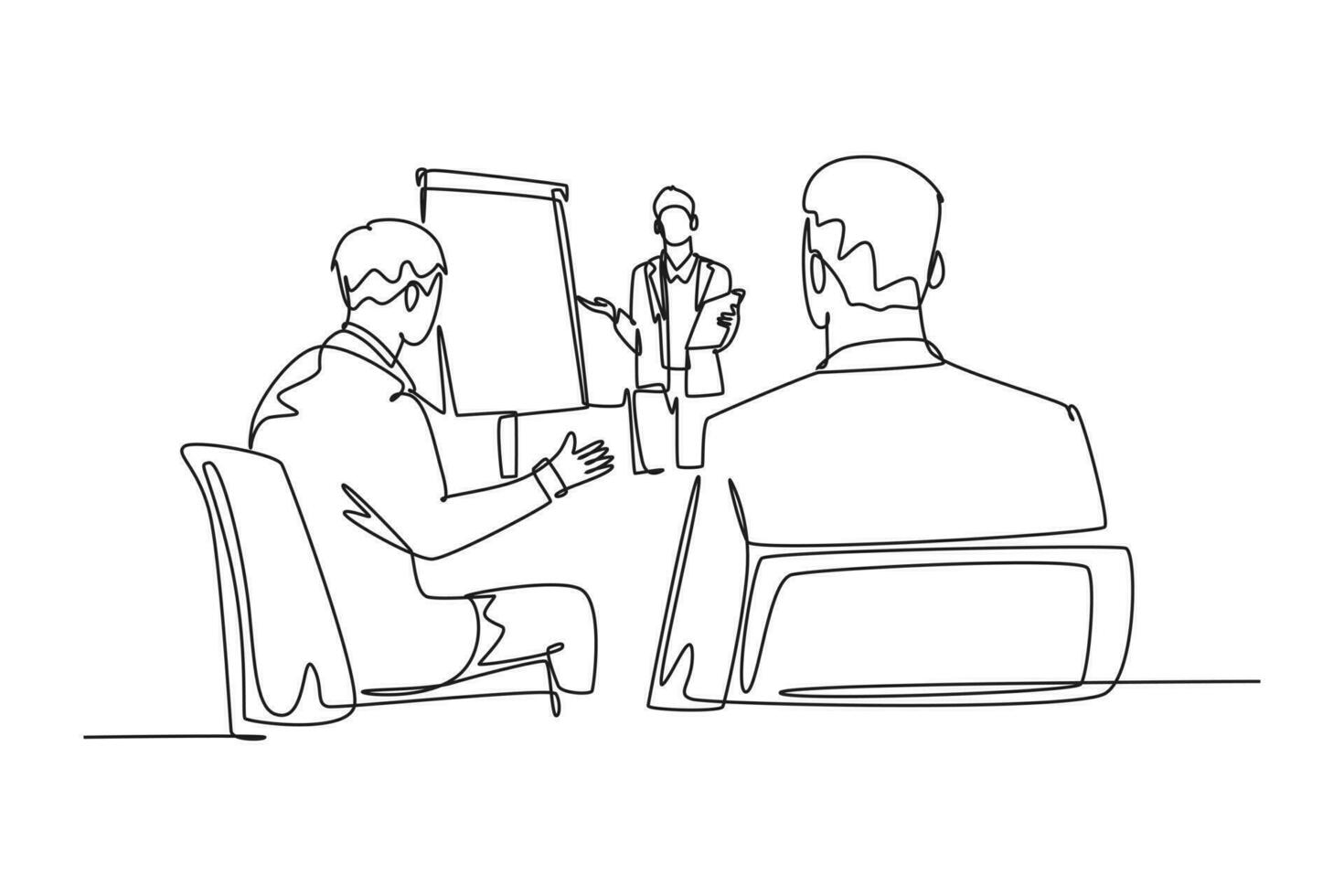 Single one line drawing young happy business coach presenting lesson to group class members. Business meeting and presentation concept. Modern continuous line draw design graphic vector illustration