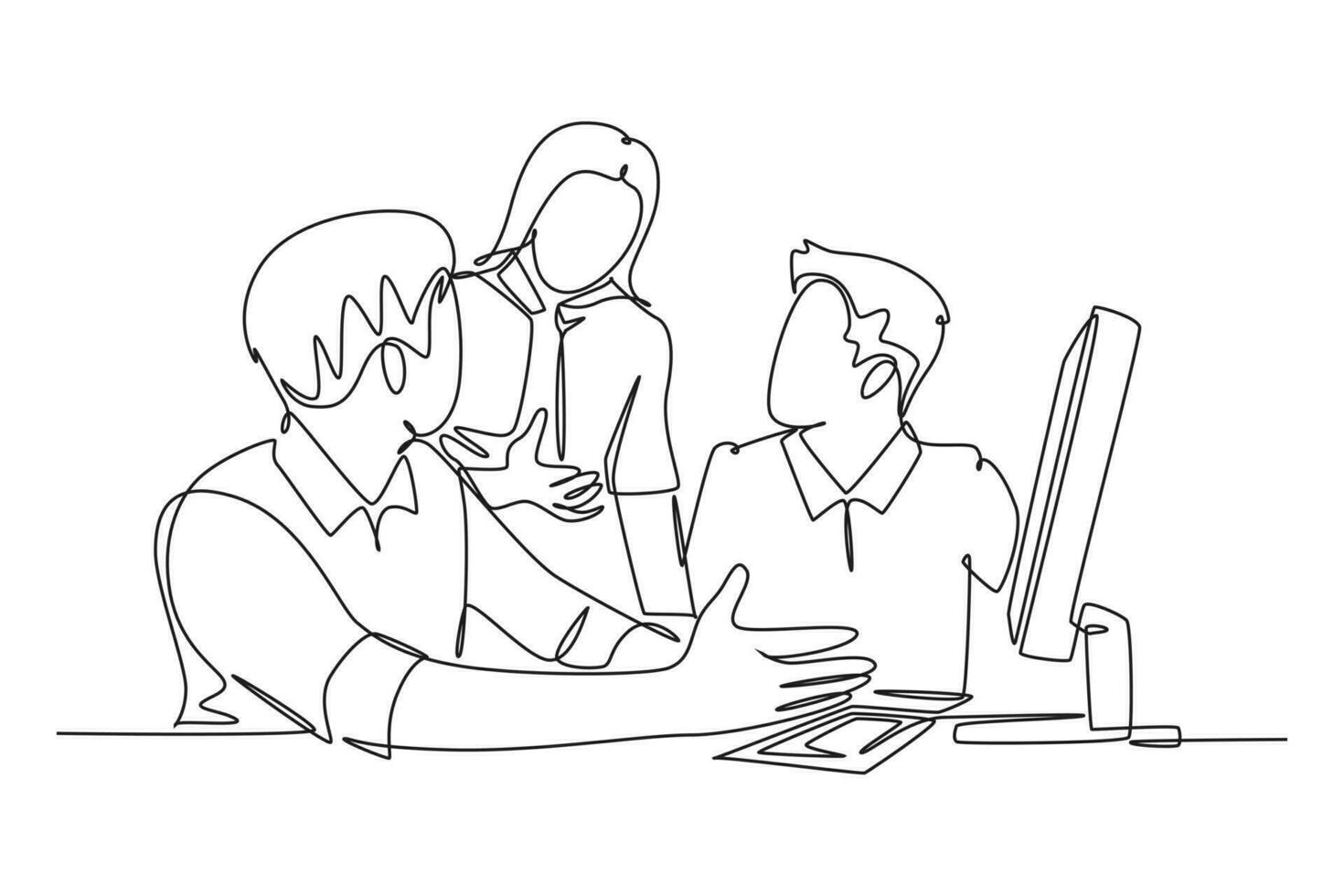 Single continuous line drawing of young businessmen discussing new product launch during team meeting. Business innovation discussion concept. Dynamic one line draw graphic design vector illustration