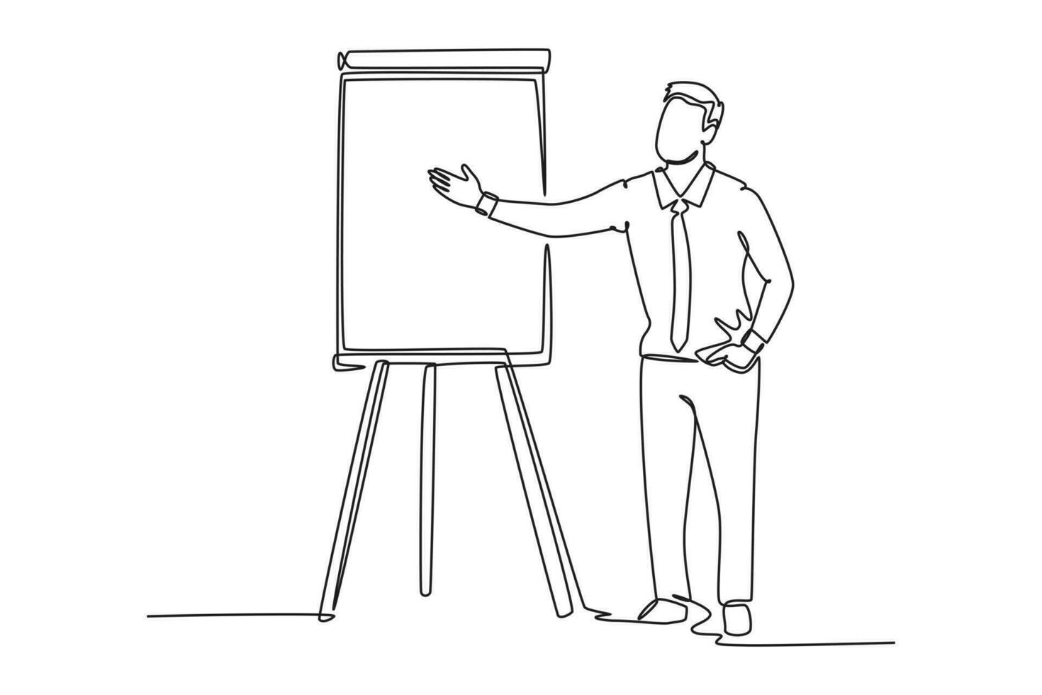 Continuous one line drawing of young success business manager giving lecture to apprentice during work meeting. Work presentation at office concept. Single line draw design vector graphic illustration