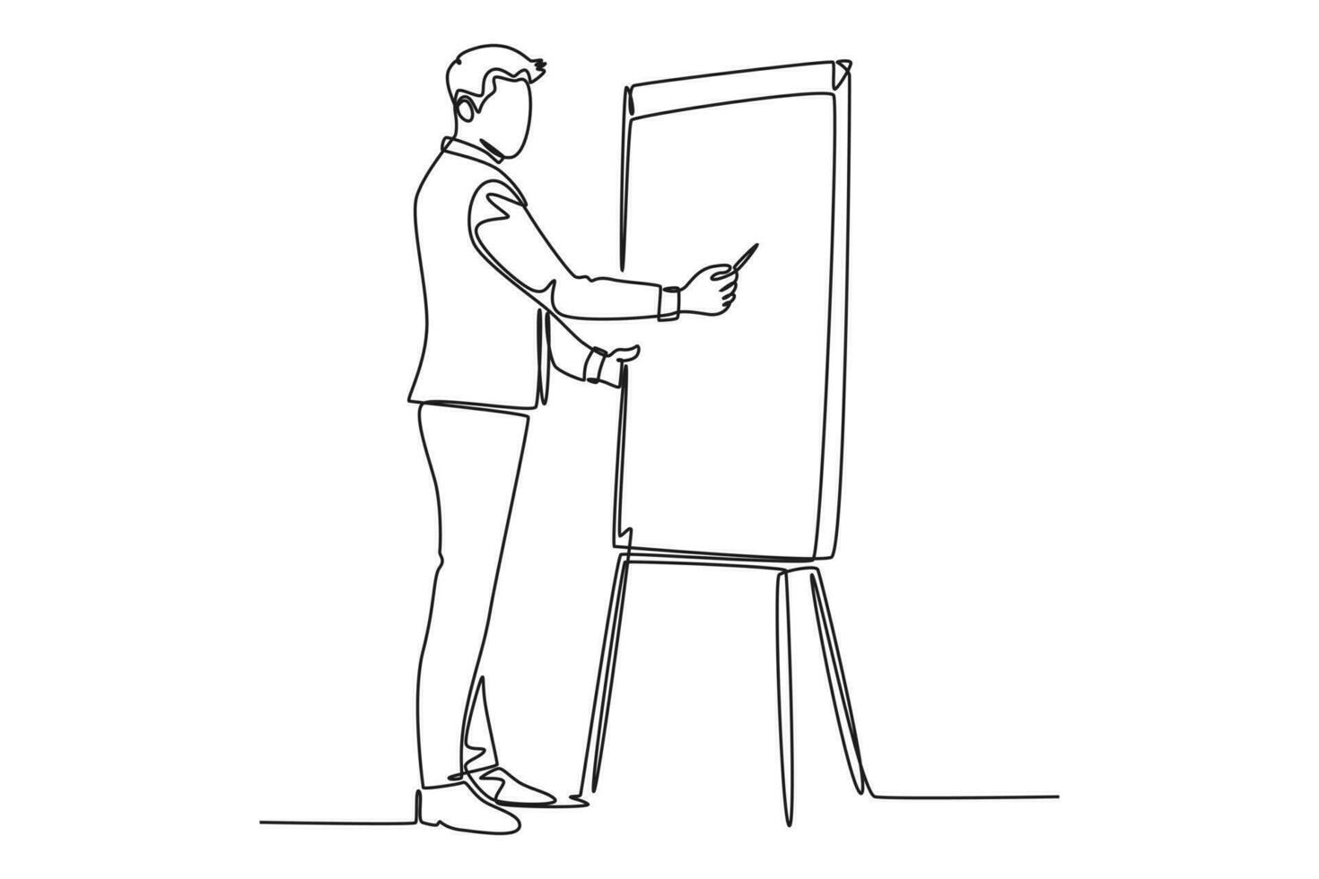 Continuous one line drawing of young sales manager pointing a finger to the infographic on screen board during meeting. Work presentation at office. Single line draw design vector graphic illustration